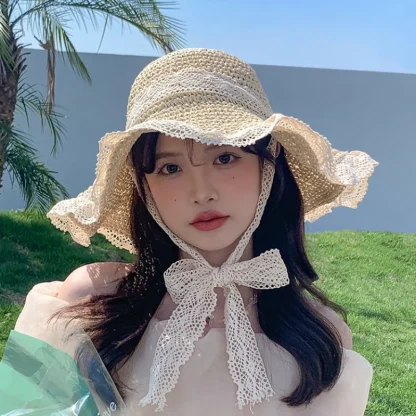 Floppy Lace Trim Straw Hat - Image 3
