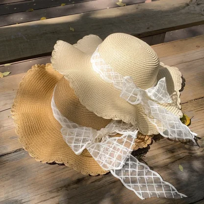 Wide Brim Bowknot Lace Straw Hat - Image 5