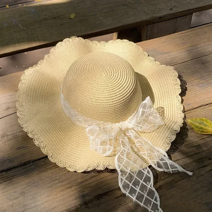 Wide Brim Bowknot Lace Straw Hat