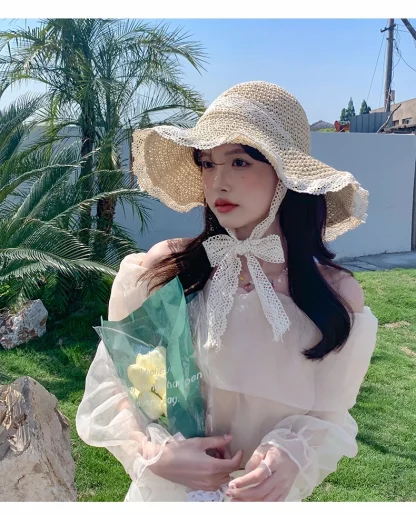 Floppy Lace Trim Straw Hat - Image 5