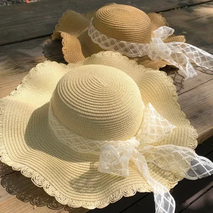 Wide Brim Bowknot Lace Straw Hat - Image 4