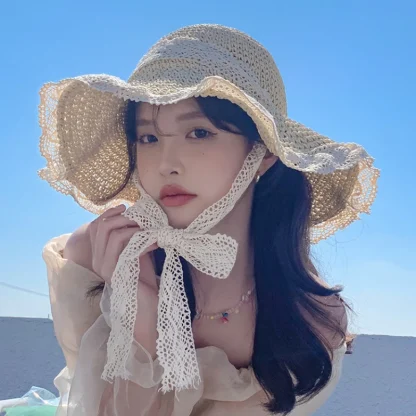 Floppy Lace Trim Straw Hat