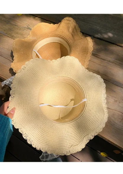 Wide Brim Bowknot Lace Straw Hat - Image 6