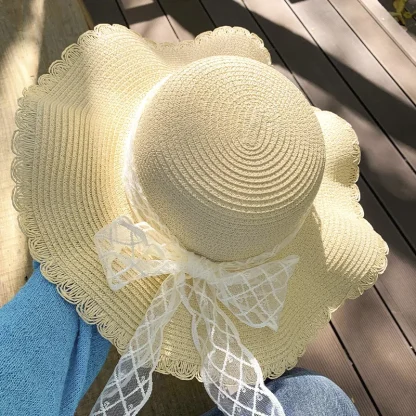 Wide Brim Bowknot Lace Straw Hat - Image 2