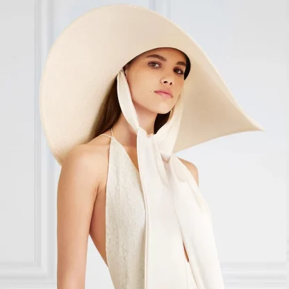 Oversized Soft Ribbon Tie Straw Hat - Image 7