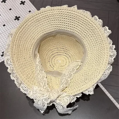 White Lace Trim Straw Hat - Image 6