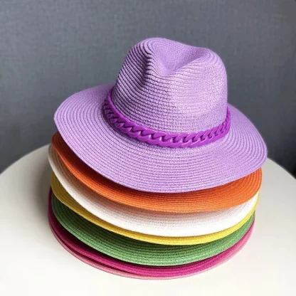 Solid Color Chain Band Straw Hat - Image 7