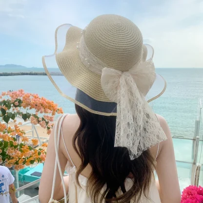 Mesh Trim Floppy Straw Hat - Image 5