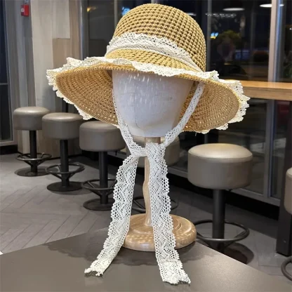 White Lace Trim Straw Hat - Image 5