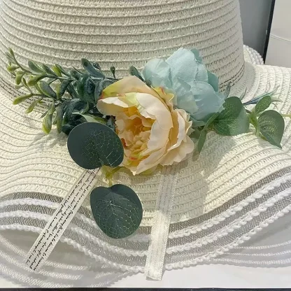 Floral Floppy Mesh Trim Straw Hat - Image 6
