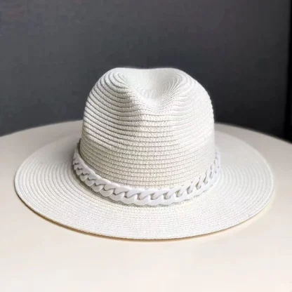 Solid Color Chain Band Straw Hat - Image 5