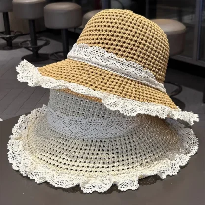 White Lace Trim Straw Hat - Image 7