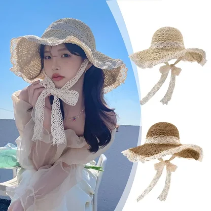 Chic Floppy Lace Trim Straw Hat - Image 5