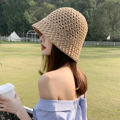 Breathable Solid Bucket Straw Hats - Image 2