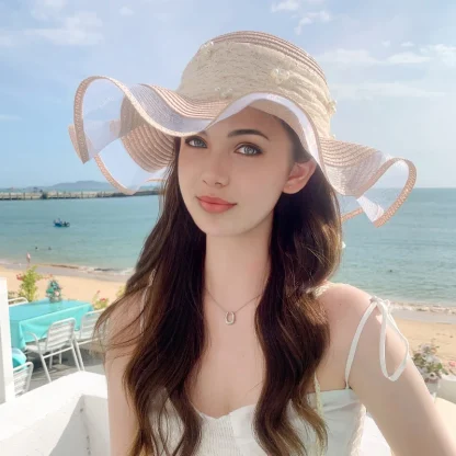Mesh Trim Floppy Straw Hat - Image 2