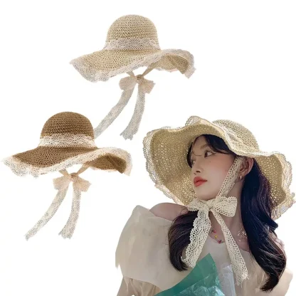 Chic Floppy Lace Trim Straw Hat - Image 4