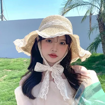 Chic Floppy Lace Trim Straw Hat - Image 7