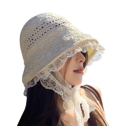 Lace Trim Bucket Straw Hat - Image 3