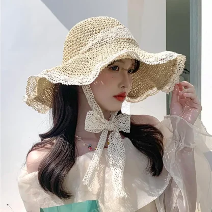 Chic Floppy Lace Trim Straw Hat