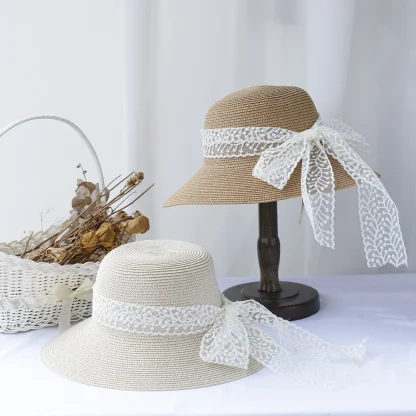 Lace Bowknot Band Straw Hat - Image 5
