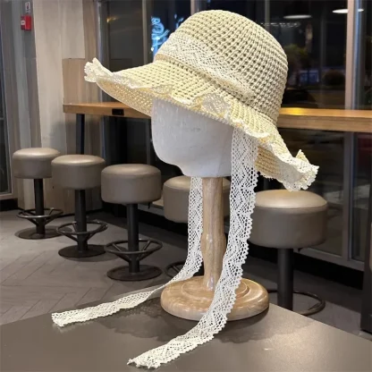 White Lace Trim Straw Hat - Image 2