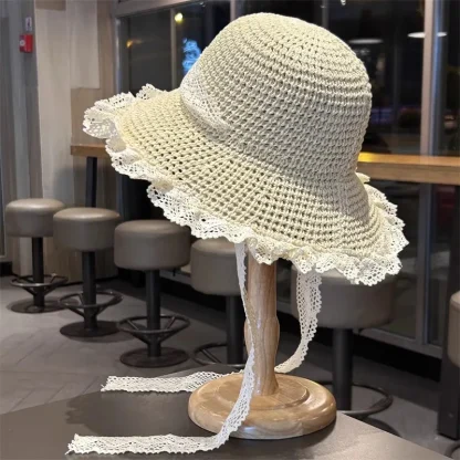 White Lace Trim Straw Hat - Image 4