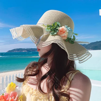 Floral Floppy Mesh Trim Straw Hat - Image 2