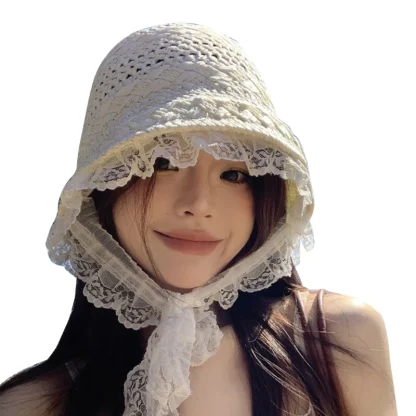 Lace Trim Bucket Straw Hat - Image 2
