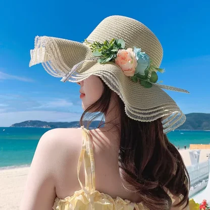 Floral Floppy Mesh Trim Straw Hat