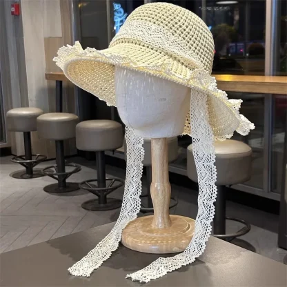 White Lace Trim Straw Hat - Image 3