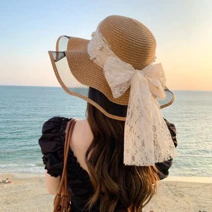 Mesh Trim Floppy Straw Hat - Image 4