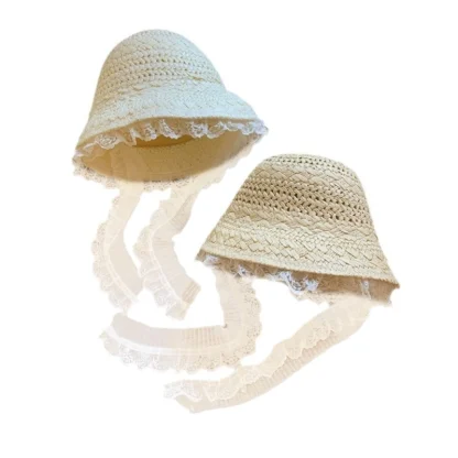 Lace Trim Bucket Straw Hat - Image 6