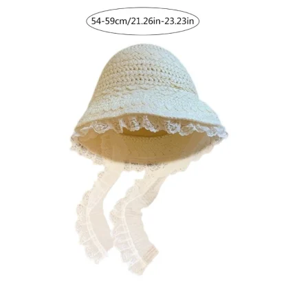 Lace Trim Bucket Straw Hat - Image 7