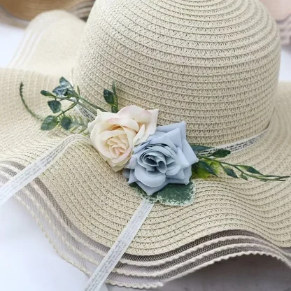 Floral Floppy Mesh Trim Straw Hat - Image 3