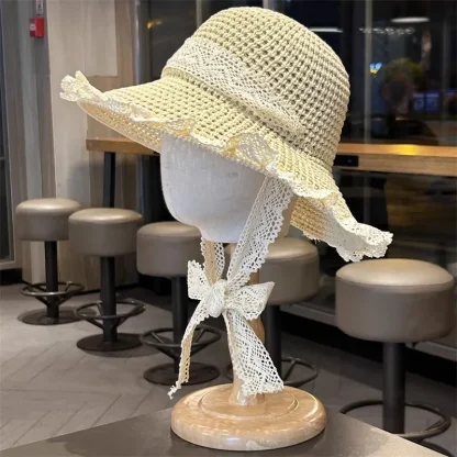 White Lace Trim Straw Hat
