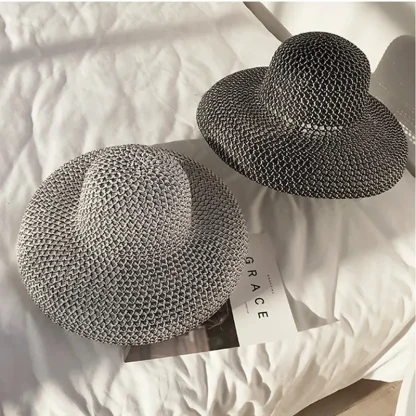 Plain Gray Large Brim Straw Hat - Image 4