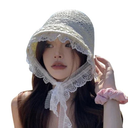 Lace Trim Bucket Straw Hat - Image 4
