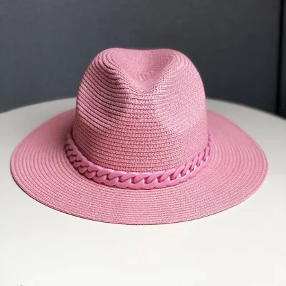 Solid Color Chain Band Straw Hat - Image 6