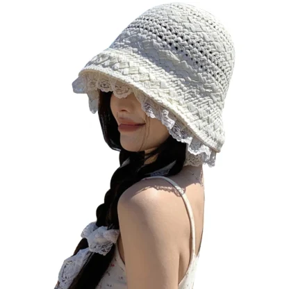 Lace Trim Bucket Straw Hat - Image 5