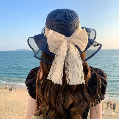 Mesh Trim Floppy Straw Hat - Image 3